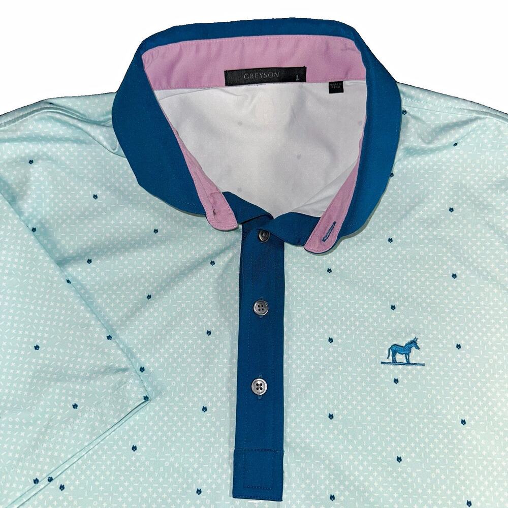 Greyson Clothiers Mens Large Mint Green Performance Polo Shirt Geometric Mule L